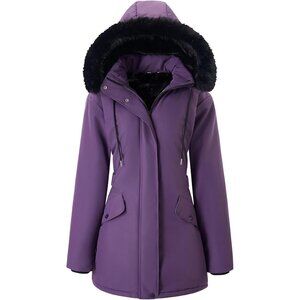 Women's Puffer Jacket Coat Purple Fleece Lined Long Hooded Waterproof Outerwear